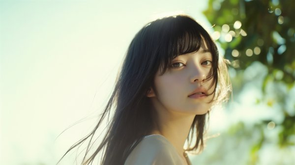 新緑の中優しい光に包まれる女性のポートレート写真風 no.1