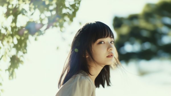新緑の中優しい光に包まれる女性のポートレート写真風 no.2