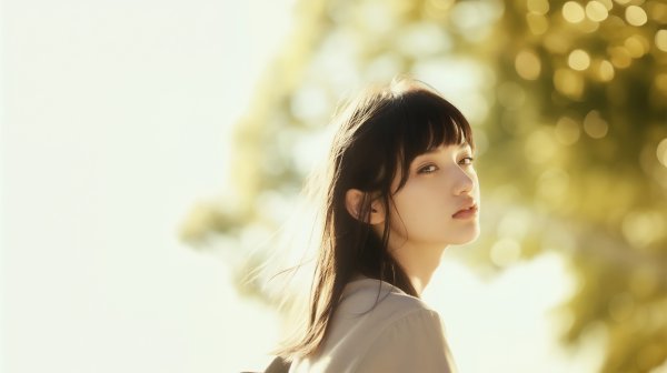 新緑の中優しい光に包まれる女性のポートレート写真風 no.5