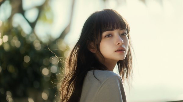 新緑の中優しい光に包まれる女性のポートレート写真風 no.6