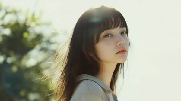 新緑の中優しい光に包まれる女性のポートレート写真風 no.9