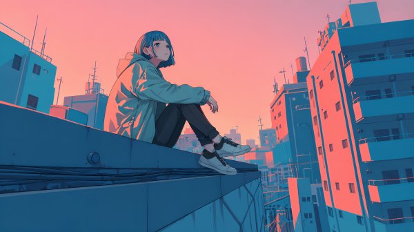 屋上に座り夕焼けに染まる都会の街を眺める若い女の子のイラスト no.1