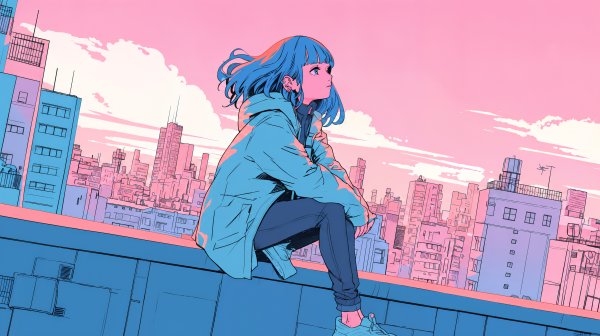 屋上に座り夕焼けに染まる都会の街を眺める若い女の子のイラスト no.3