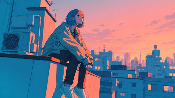 屋上に座り夕焼けに染まる都会の街を眺める若い女の子のイラスト no.4