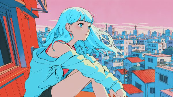 屋上に座り夕焼けに染まる都会の街を眺める若い女の子のイラスト no.5