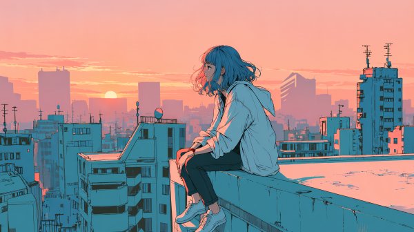 屋上に座り夕焼けに染まる都会の街を眺める若い女の子のイラスト no.6