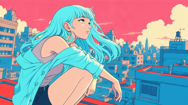 屋上に座り夕焼けに染まる都会の街を眺める若い女の子のイラスト no.8