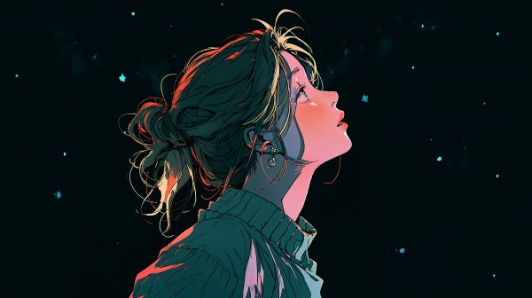 キラキラ光る星を見上げる女性のイラスト no.1