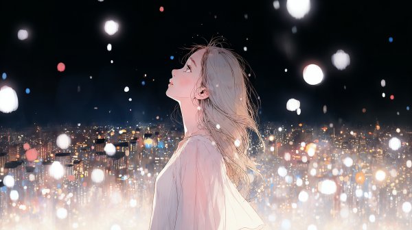 キラキラ光る星を見上げる女性のイラスト no.2
