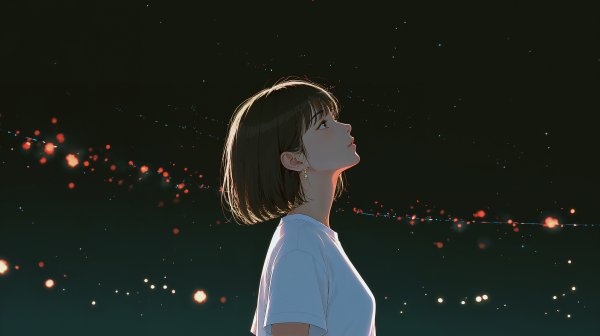 キラキラ光る星を見上げる女性のイラスト no.4