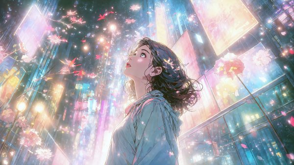 夜の都会から幻想的な夜空を見上げる女性のイラスト no.2