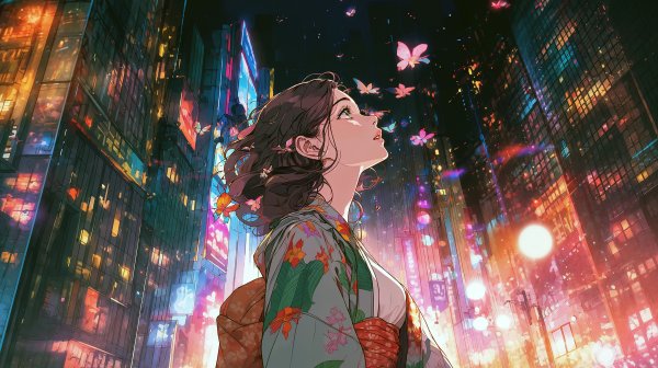 夜の都会から幻想的な夜空を見上げる女性のイラスト no.3