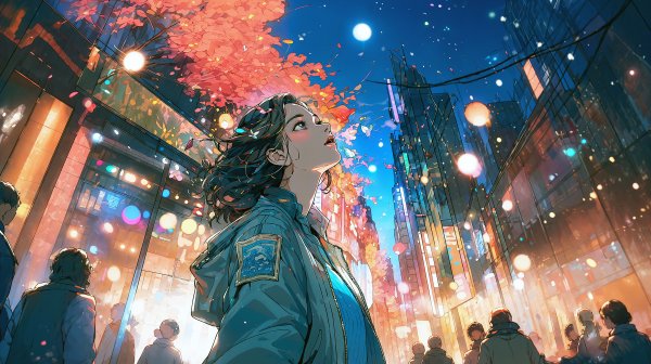 夜の都会から幻想的な夜空を見上げる女性のイラスト no.5