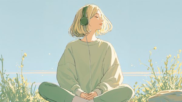 自然の中に座り音楽を聴きながら座っている女性の全身イラスト no.1