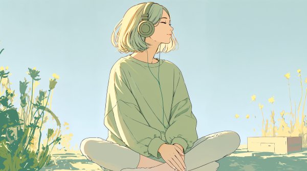 自然の中に座り音楽を聴きながら座っている女性の全身イラスト no.4