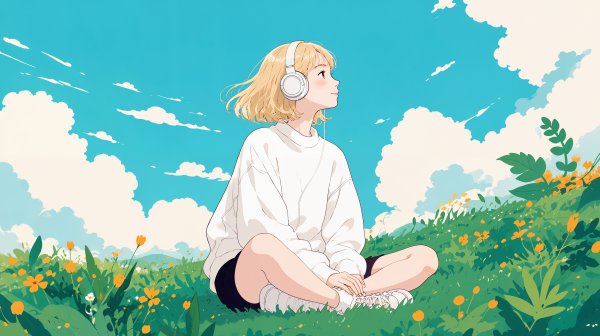 草原に座り音楽を聴きながら空を眺める女性の全身イラスト no.1