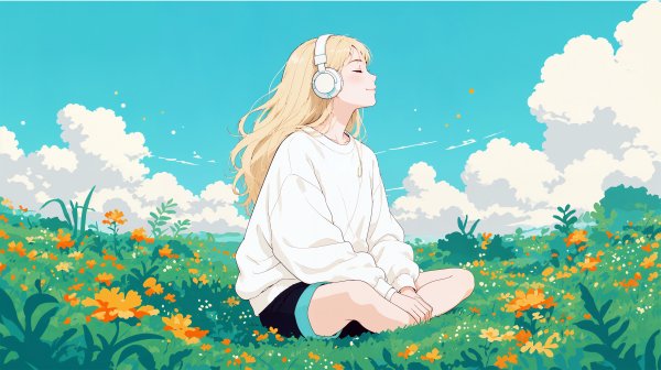 草原に座り音楽を聴きながら空を眺める女性の全身イラスト no.2