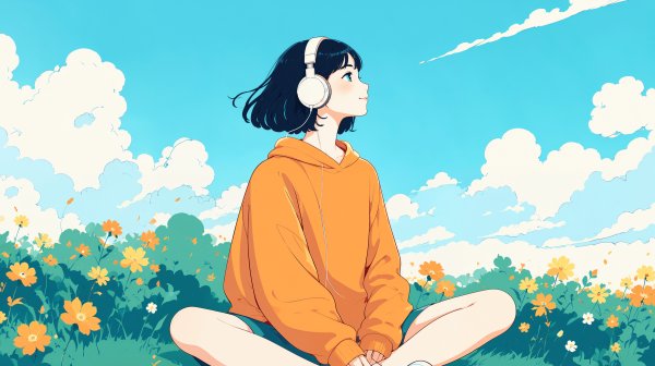 草原に座り音楽を聴きながら空を眺める女性の全身イラスト no.3