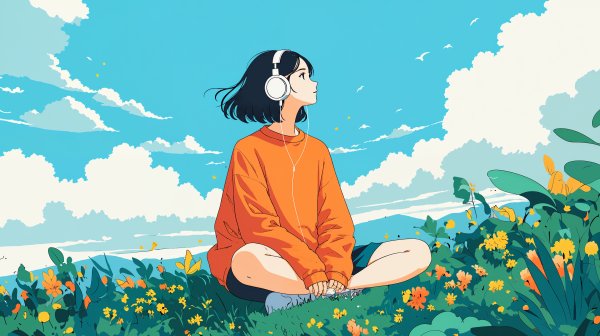 草原に座り音楽を聴きながら空を眺める女性の全身イラスト no.4