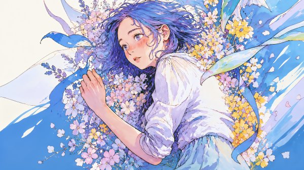 草花のモチーフに包まれる女性のアートチックイラスト no.3