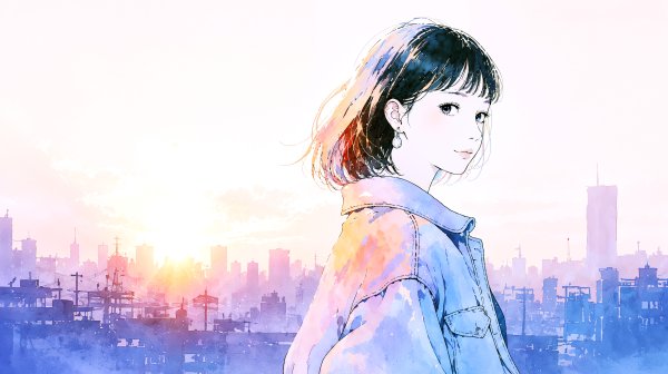夕暮れの都市で振り向いて笑う女性のイラスト no.1