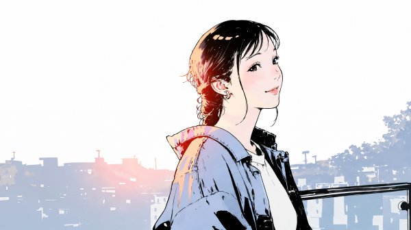 夕暮れの都市で振り向いて笑う女性のイラスト no.2