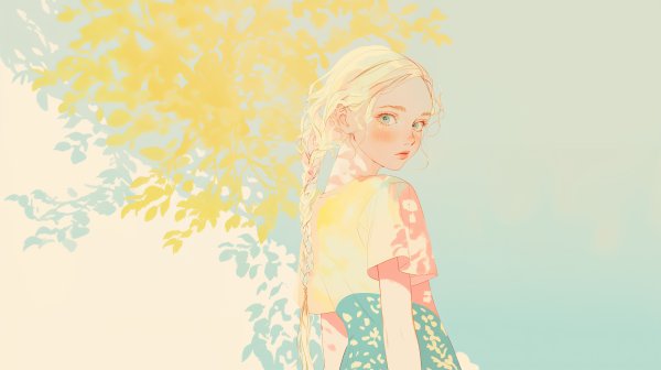 木漏れ日の中で振り返る女性の水彩イラスト no.1