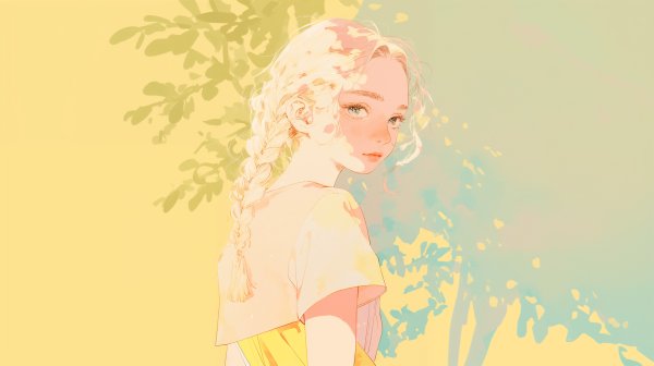 木漏れ日の中で振り返る女性の水彩イラスト no.2