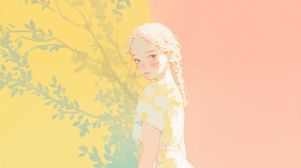 木漏れ日の中で振り返る女性の水彩イラスト no.6