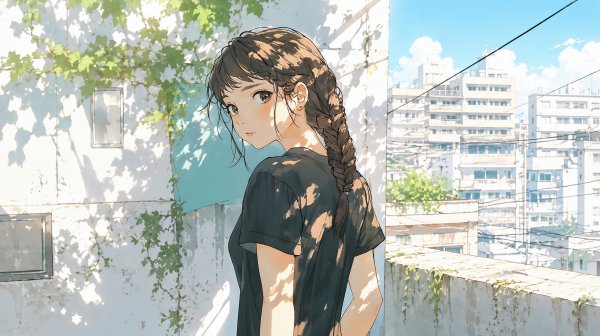 夏の木漏れ日と街角で振り返る女性のイラスト no.2