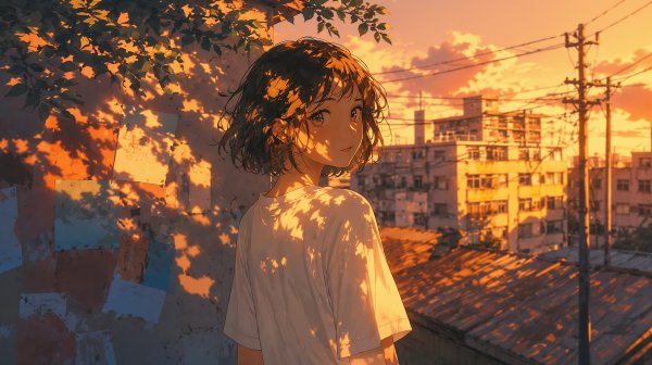 夏の木漏れ日と街角で振り返る女性のイラスト no.4