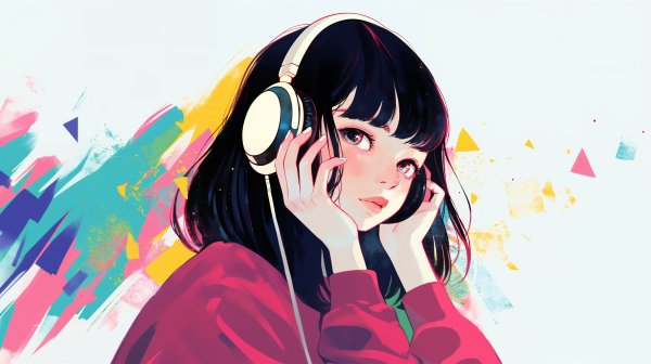 ヘッドフォンで音楽を聴く女の子のポップなイラスト no.3