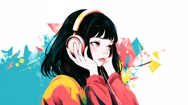 ヘッドフォンで音楽を聴く女の子のポップなイラスト no.5