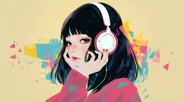 ヘッドフォンで音楽を聴く女の子のポップなイラスト no.6