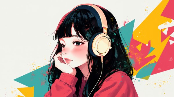 ヘッドフォンで音楽を聴く女の子のポップなイラスト no.7