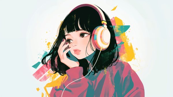 ヘッドフォンで音楽を聴く女の子のポップなイラスト no.8