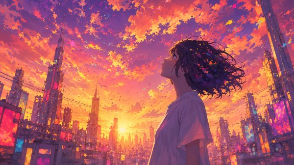 カラフルで鮮やかな都会の空を見上げる女性の横顔 no.1