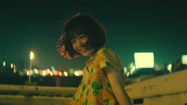 夜の都会で楽しそうに笑い振り向く女性のポートレート写真風 no.1