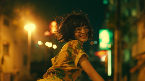 夜の都会で楽しそうに笑い振り向く女性のポートレート写真風 no.2