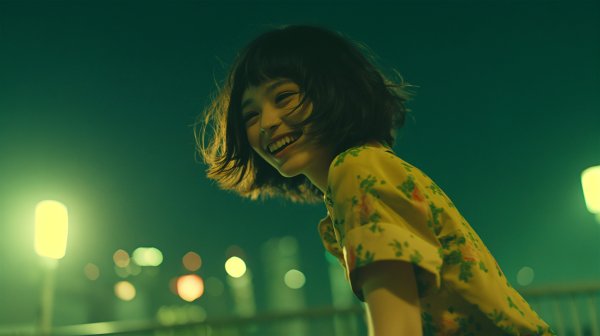 夜の都会で楽しそうに笑い振り向く女性のポートレート写真風 no.4