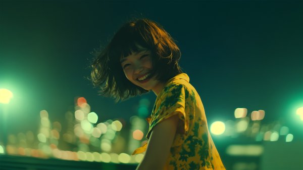 夜の都会で楽しそうに笑い振り向く女性のポートレート写真風 no.5