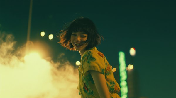 夜の都会で楽しそうに笑い振り向く女性のポートレート写真風 no.6