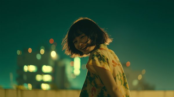 夜の都会で楽しそうに笑い振り向く女性のポートレート写真風 no.8