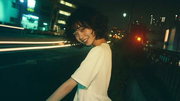 夜の街を歩くエモーショナルな女性のポートレート写真風素材 no.1