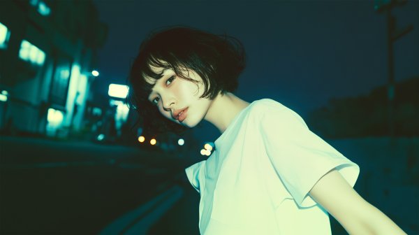 夜の街を歩くエモーショナルな女性のポートレート写真風素材 no.4