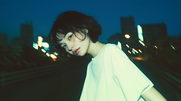夜の街を歩くエモーショナルな女性のポートレート写真風素材 no.5