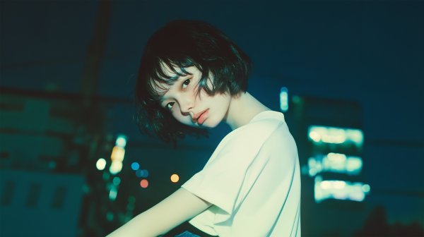 夜の街を歩くエモーショナルな女性のポートレート写真風素材 no.6