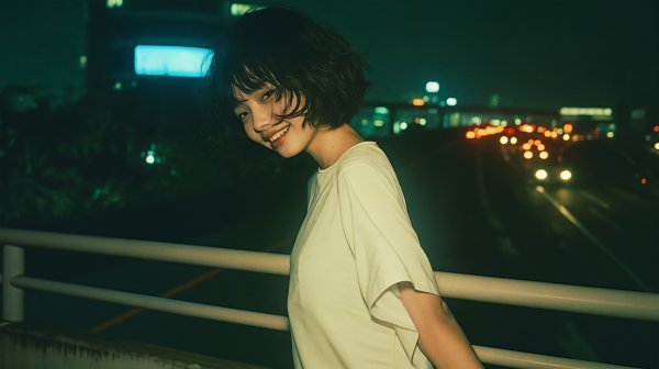 夜の街を歩くエモーショナルな女性のポートレート写真風素材 no.7