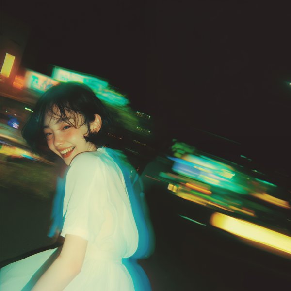 夜の街で踊るように舞う楽しそうな女性のポートレート写真風素材 no.2