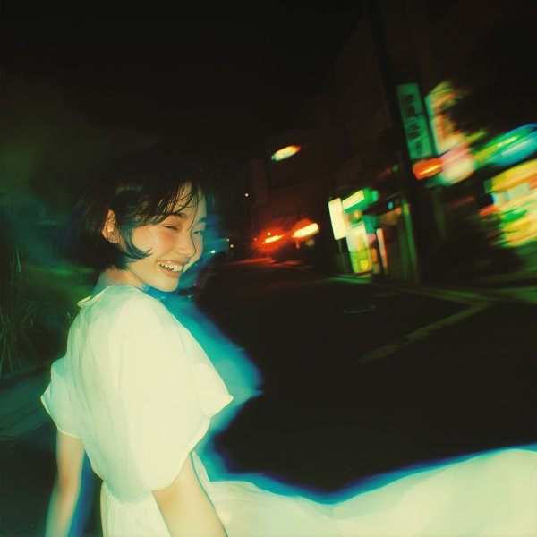 夜の街で踊るように舞う楽しそうな女性のポートレート写真風素材 no.5